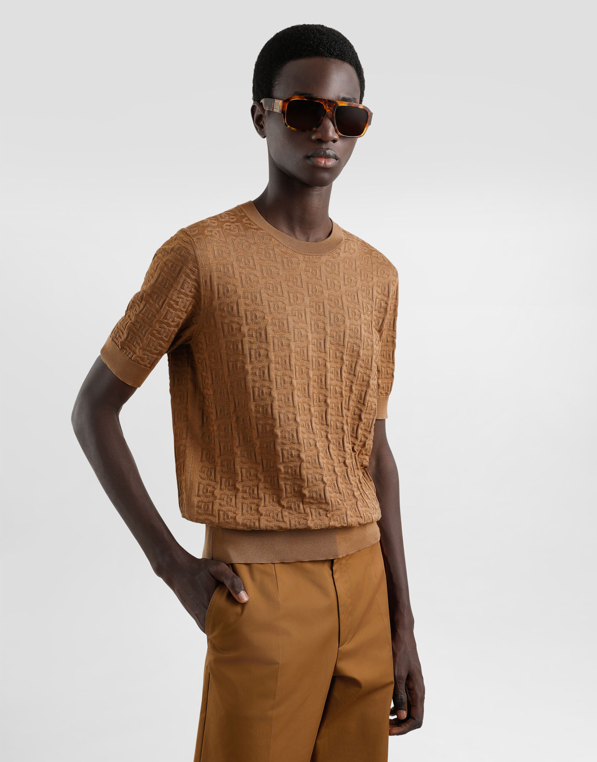 Silk round-neck sweater with all-over DG logo embroidery in Beige