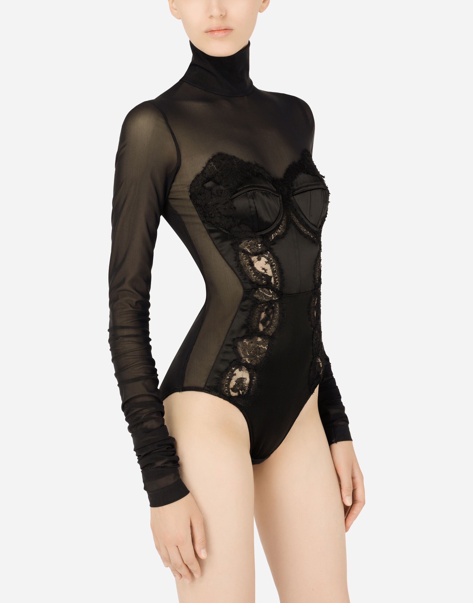 Long sleeved tulle and lace bodysuit in Black for Women Dolce Gabbana