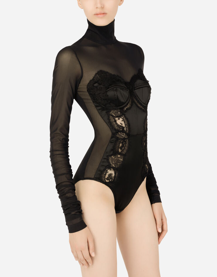 Long-sleeved tulle and lace bodysuit in Black for