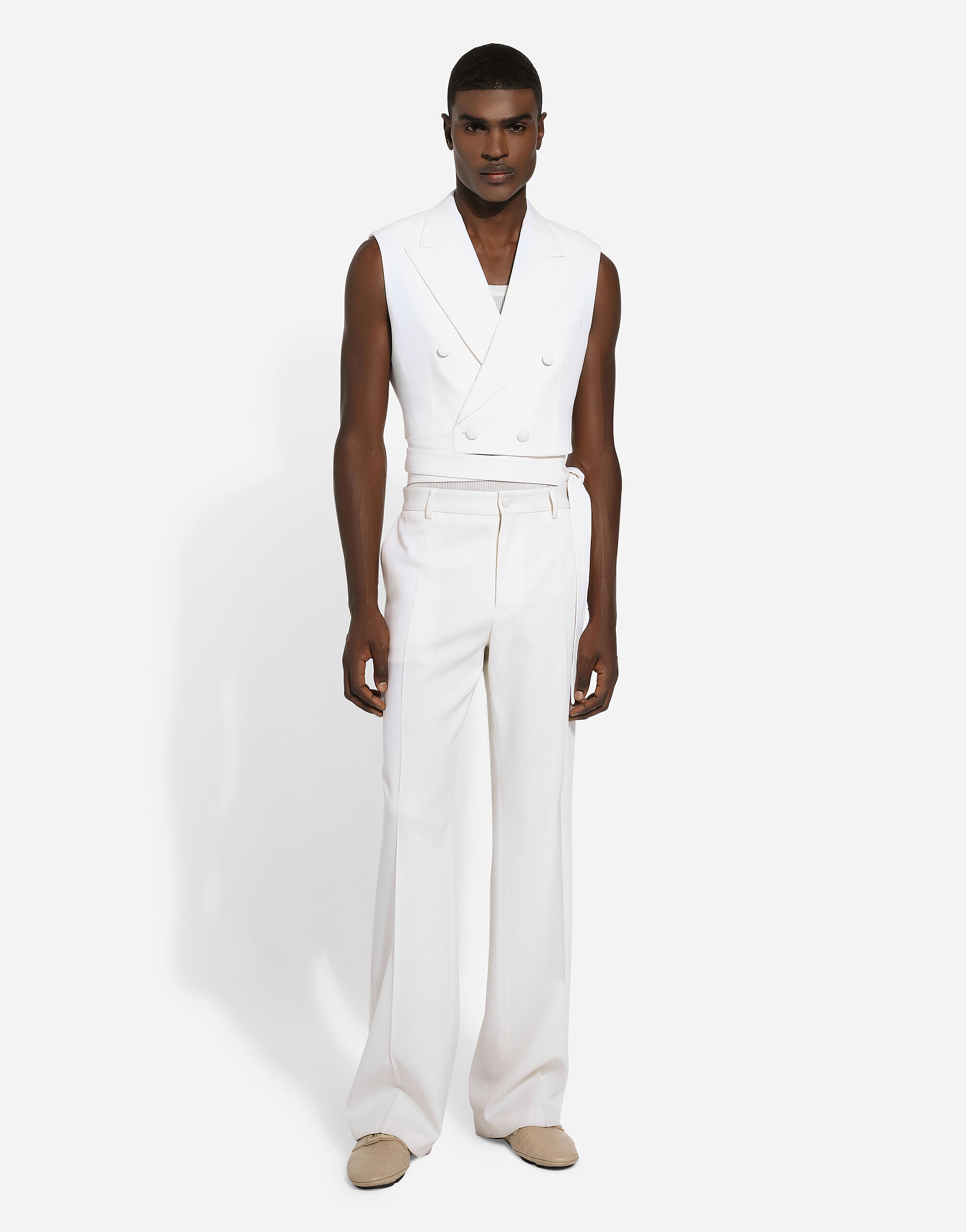 Belted cropped double breasted wool waistcoat in White for Men