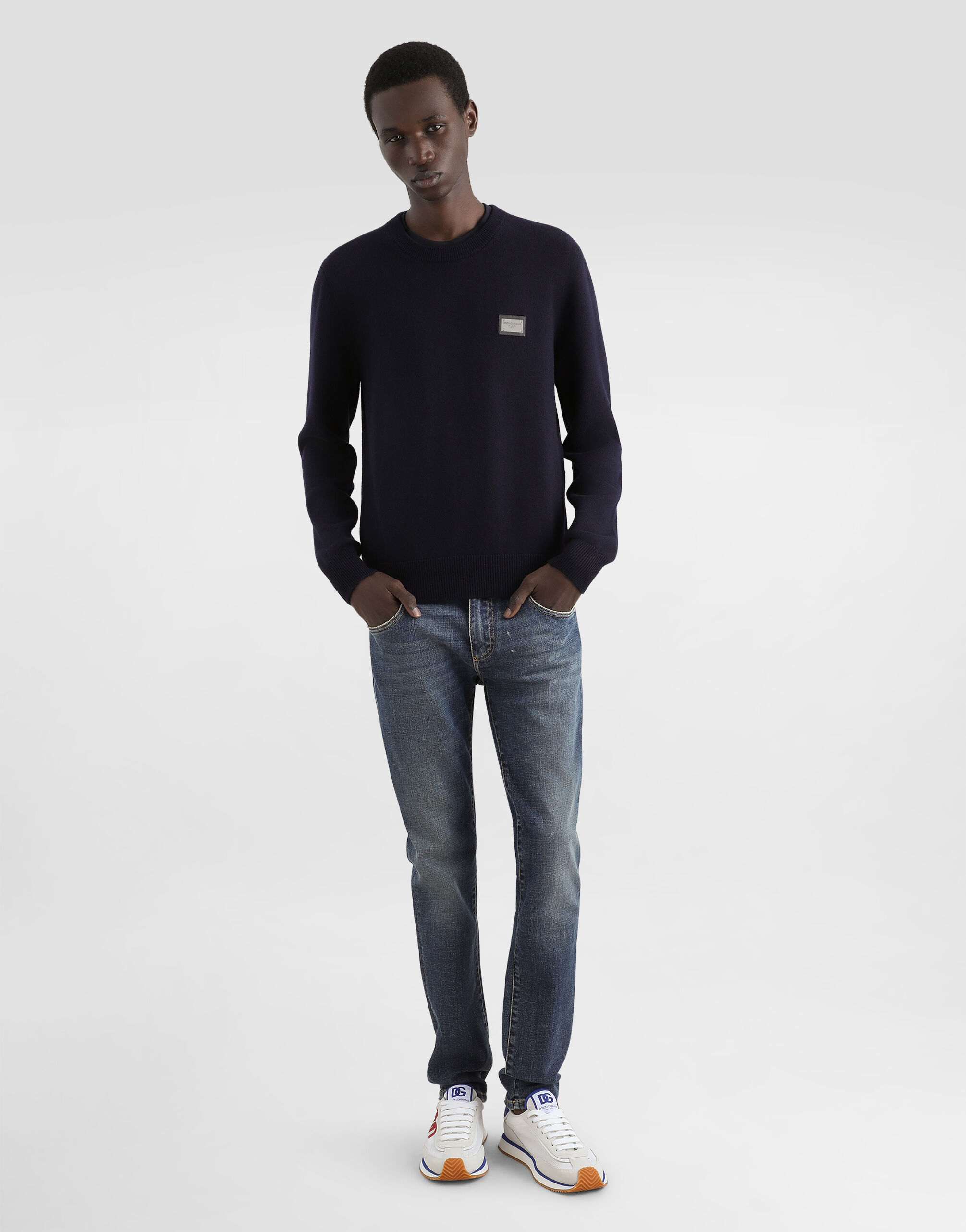 Wool round-neck sweater with branded tag in Blue for Men | Dolce&Gabbana® US
