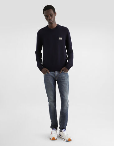 Dolce & Gabbana Wool round-neck sweater with branded tag Blue GXO39TJEMQ4