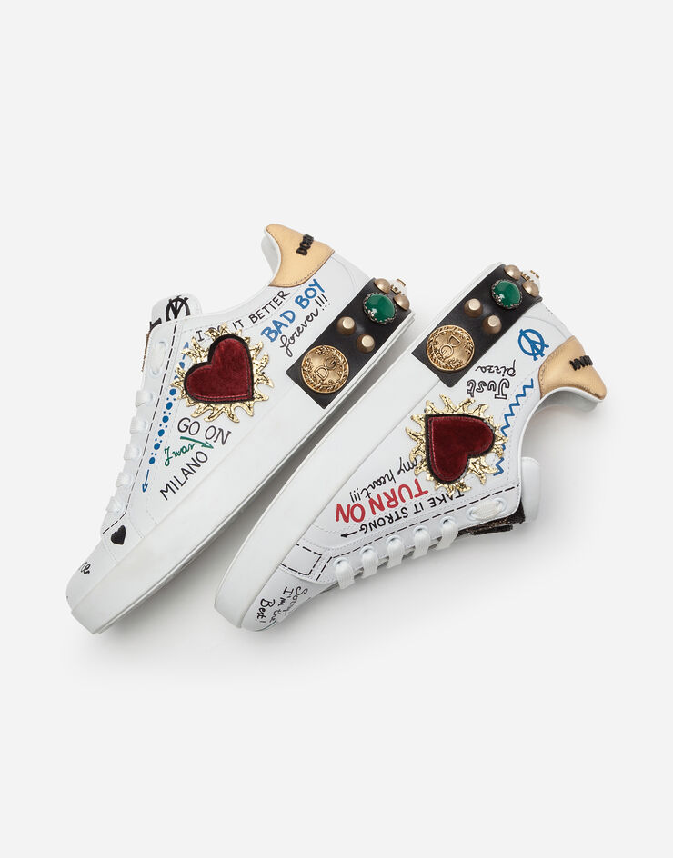 Dolce & Gabbana Printed calfskin nappa Portofino sneakers with patch and embroidery 白/金 CK1544AH029