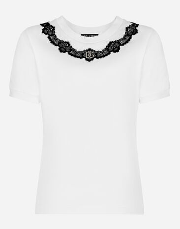 Dolce & Gabbana Camiseta de punto con aplicaciones de encaje y logotipo DG Blanco F8T00ZG7H1Z