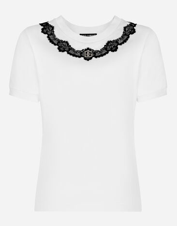 Dolce & Gabbana Camiseta de punto con aplicaciones de encaje y logotipo DG Blanco F5Q62TFU5T9