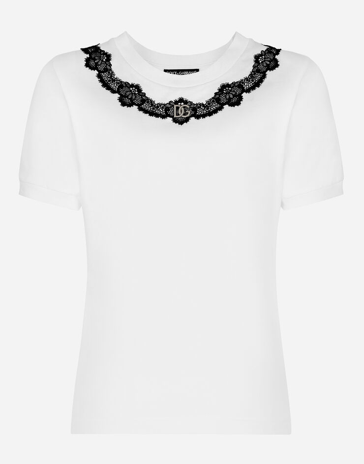 Dolce & Gabbana T-Shirt aus Jersey mit Einsätzen aus Spitze und DG-Logo Weiss F8T00ZG7H1Z