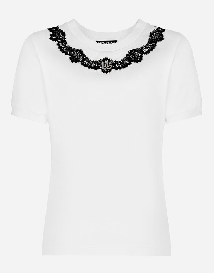 Dolce & Gabbana T-shirt in jersey con inserti in pizzo e logo DG Bianco F8T00ZG7H1Z