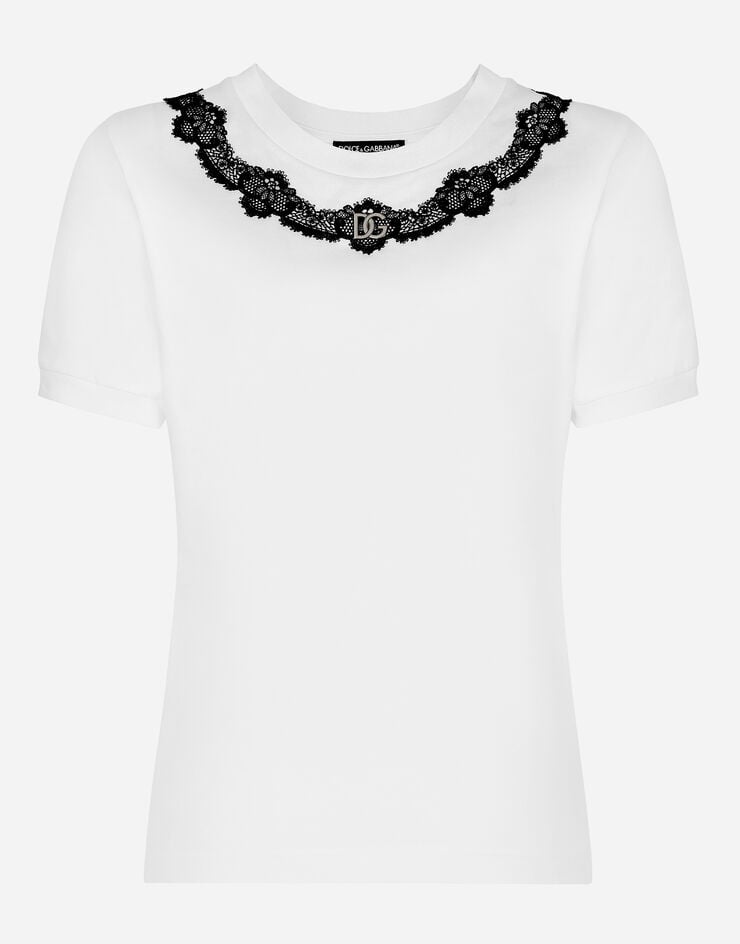 Dolce & Gabbana T-shirt in jersey con inserti in pizzo e logo DG Bianco F8T00ZG7H1Z