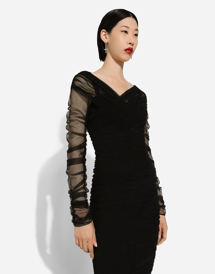 Dolce & Gabbana Drapiertes Longuette-Kleid aus Baumwolltüll Schwarz F6G8QTFLEAA