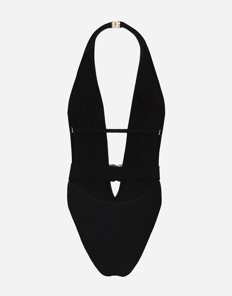 Dolce & Gabbana 벨트 디테일 플런지넥 원피스 수영복 블랙 O9B74JONO12