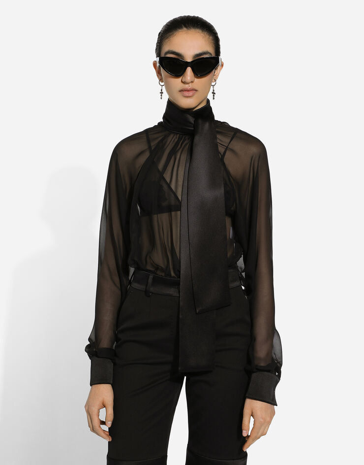 Dolce & Gabbana Bluse aus Chiffon mit Schleife am Kragen Schwarz F7AA5TFU1AT