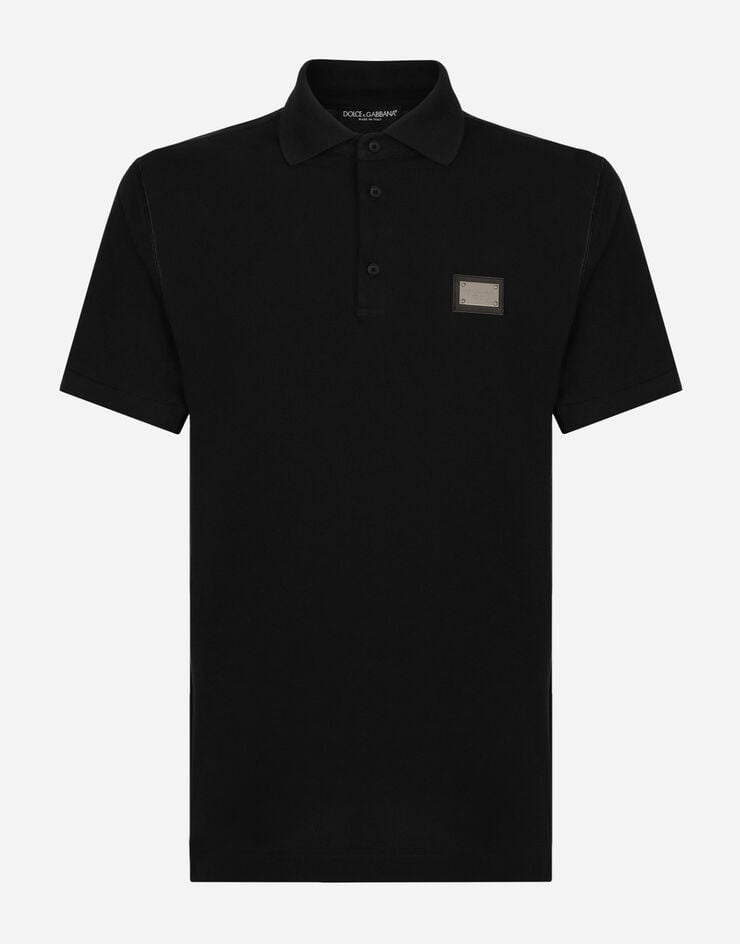Cotton piqué polo-shirt with branded tag in Black for | Dolce&Gabbana® US