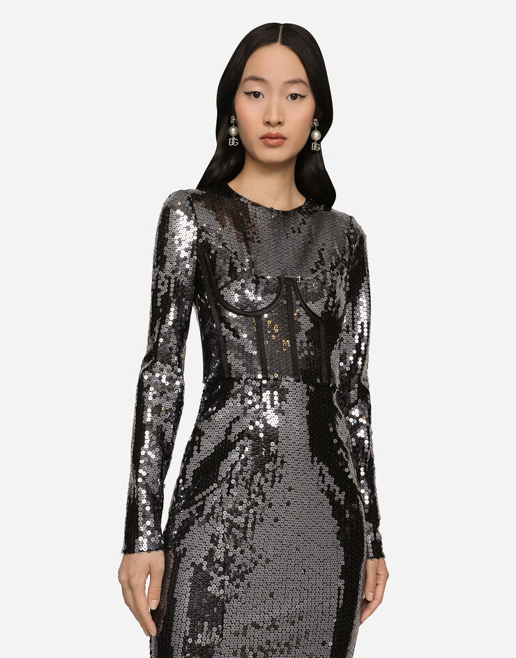Dolce & Gabbana Long sequined dress with corset detailing Grey F6AUGTFLSHF
