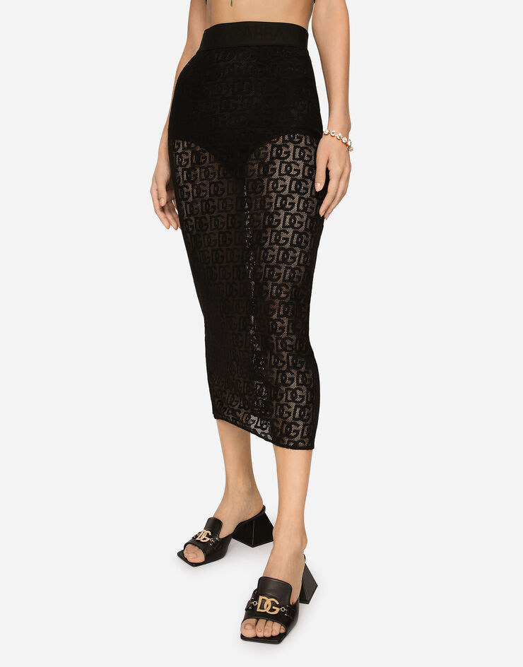 Dolce & Gabbana Tulle calf-length skirt with all-over DG logo Black F4CHZTFLEAQ