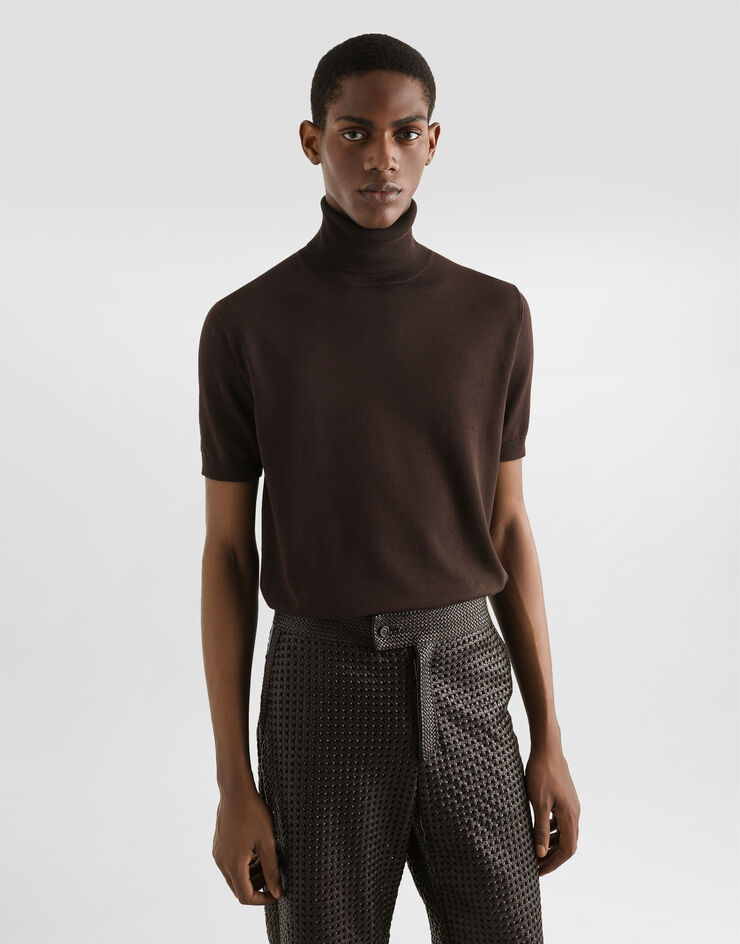 Dolce & Gabbana Rollkragenpullover mit kurzen Ärmeln aus Baumwolle Braun GXW49TJBCFV