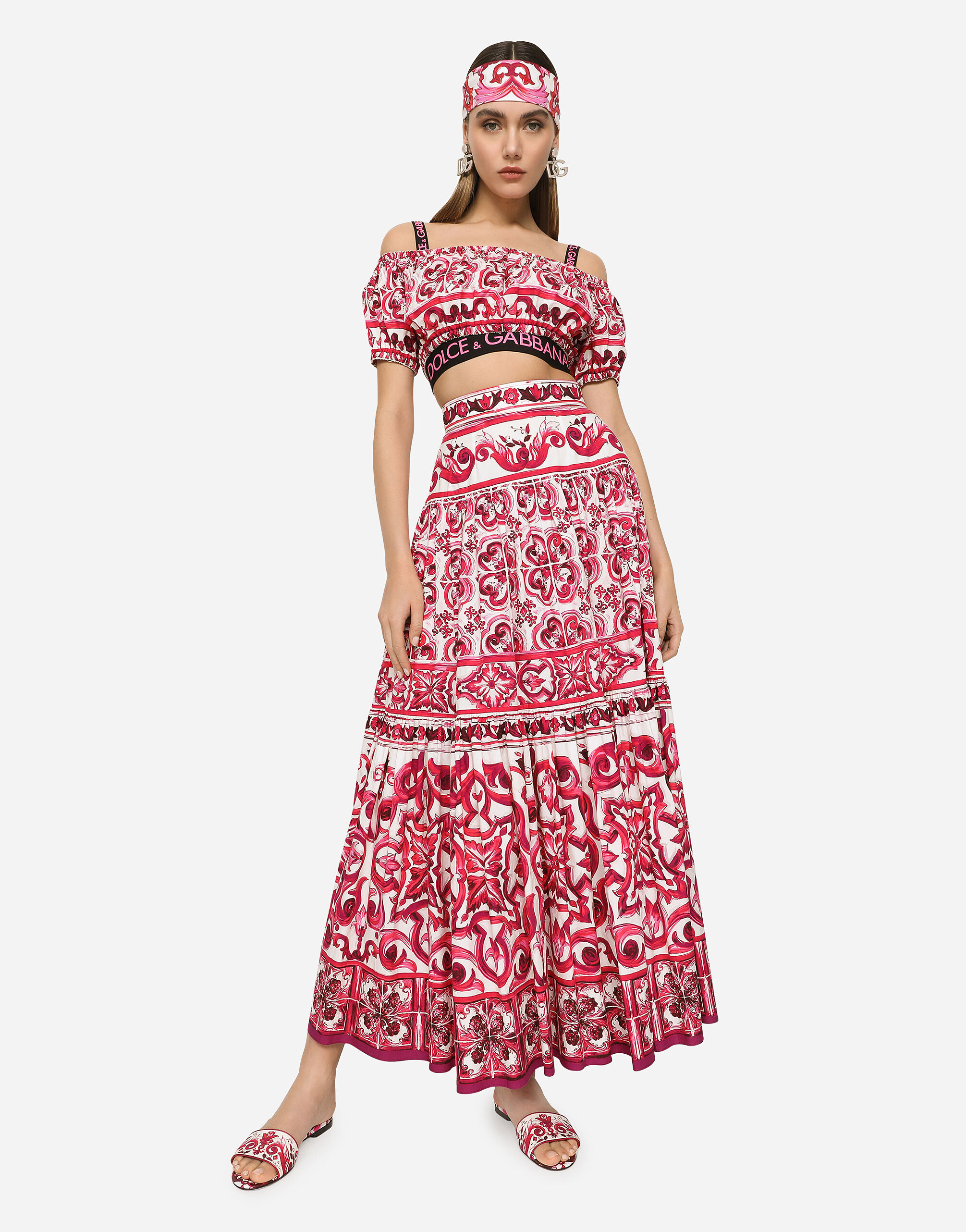 Long Majolica print poplin skirt in Multicolor for Women Dolce Gabbana