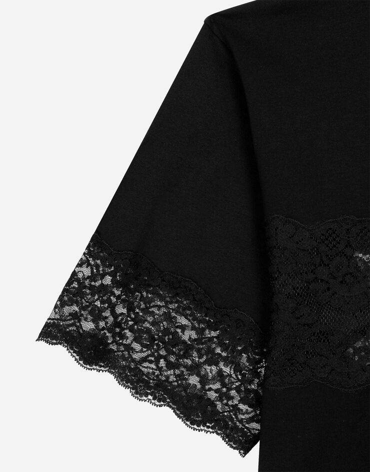 Dolce&Gabbana Jersey T-shirt with lace inserts and the Dolce&Gabbana tag Black F8T43TFU7EQ