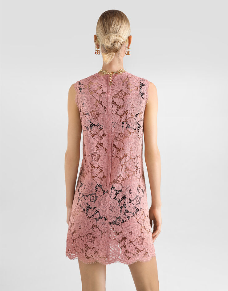 Dolce & Gabbana Sleeveless floral lace A-line dress with DG logo Pink F6ATYTHLM7L