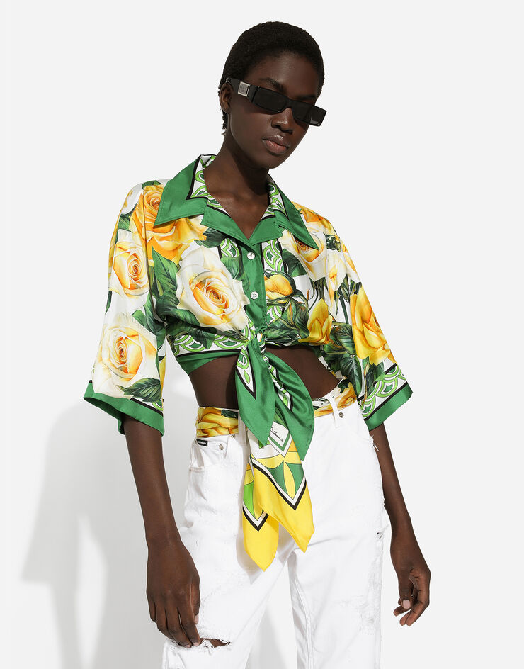 Dolce & Gabbana Camisa corta con lazo de seda con estampado de rosas amarillas Imprima F5N11THI1QI