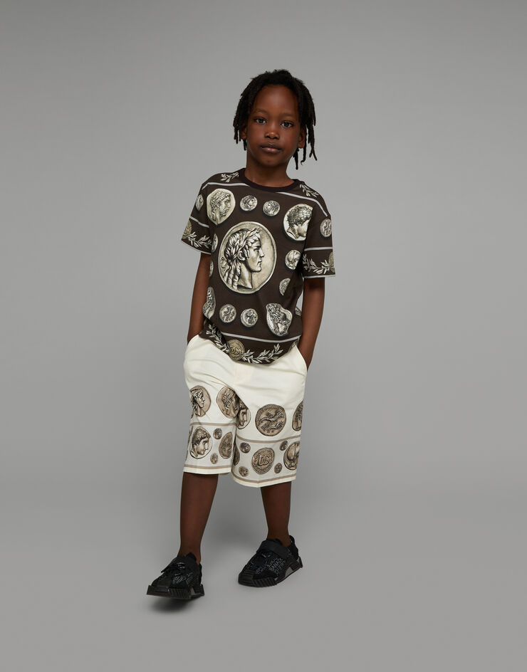 DolceGabbanaSpa Short-sleeved jersey T-shirt with all-over coin print Brown L4JTEYG7J4I