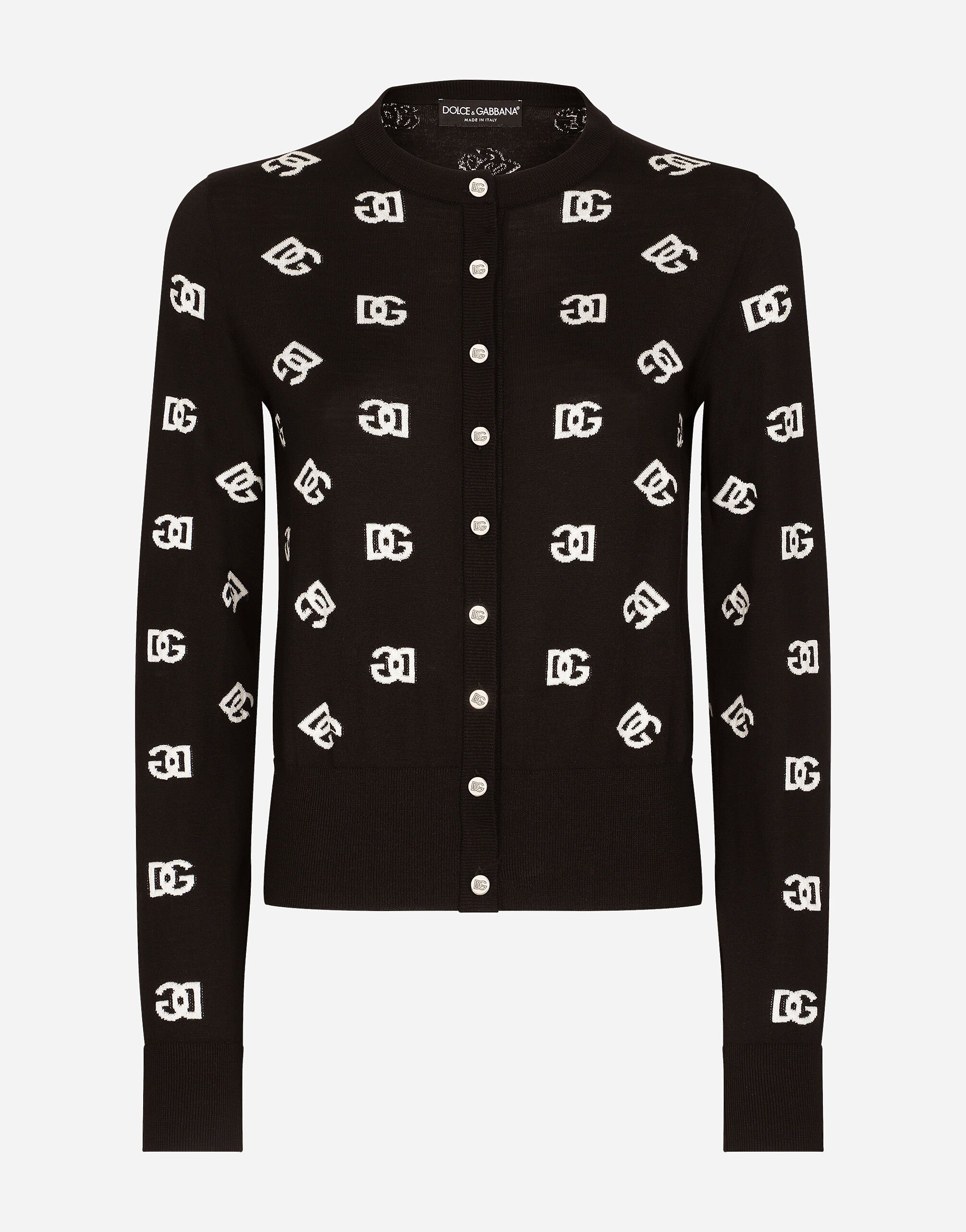 Dolce & Gabbana Wool and silk cardigan with all-over DG logo Black FX340ZJAIJ8