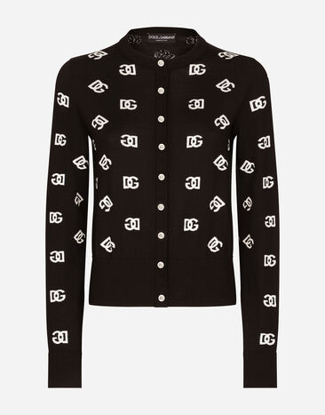 Dolce & Gabbana Wool and silk cardigan with all-over DG logo Black FX340ZJAIJ8