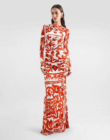 Dolce & Gabbana Robe longue en organzine à imprimé majolique Multicolor F611CTFS8DS