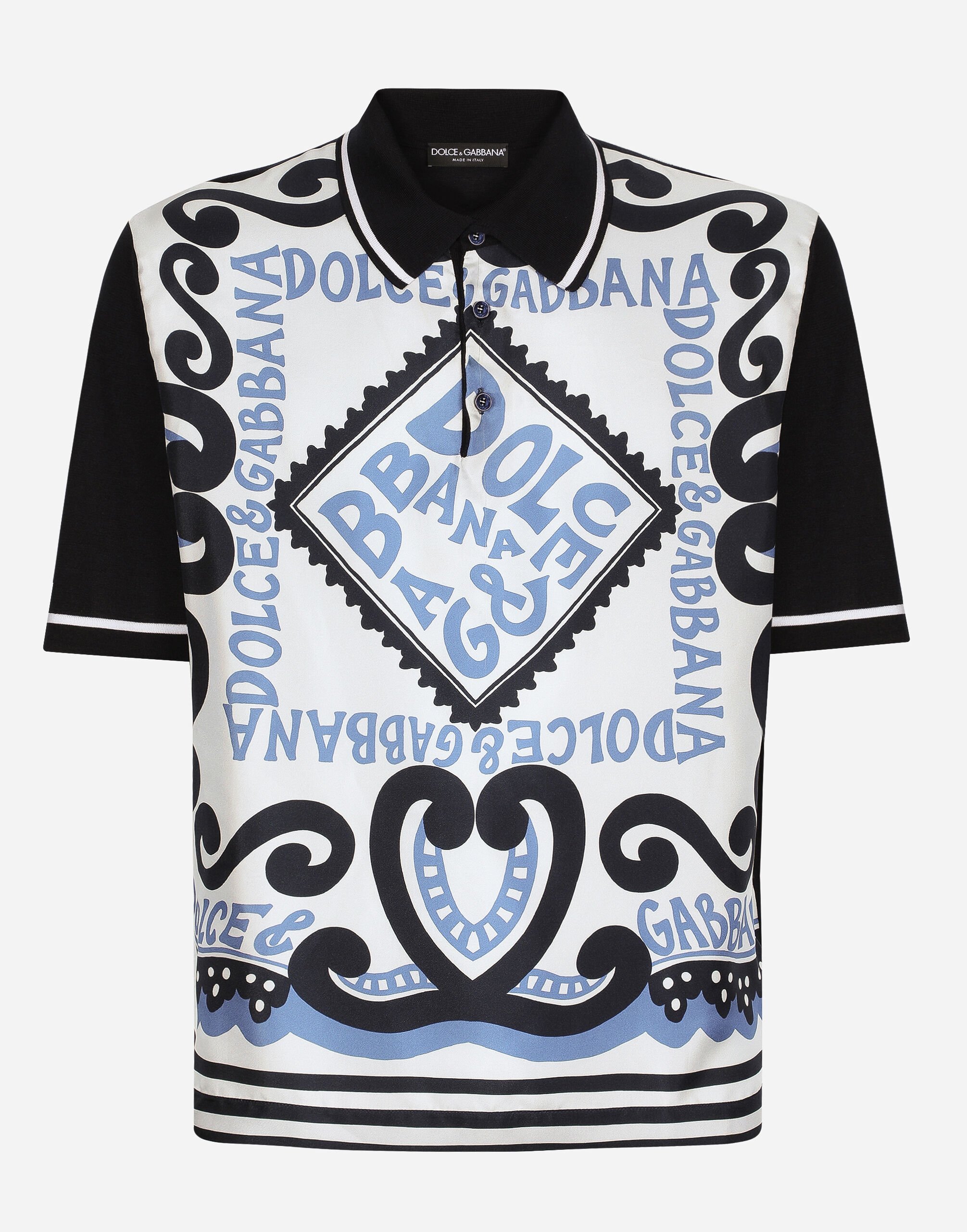 Dolce & Gabbana Marina-print silk polo-shirt Azure GXZ18TJFMAQ