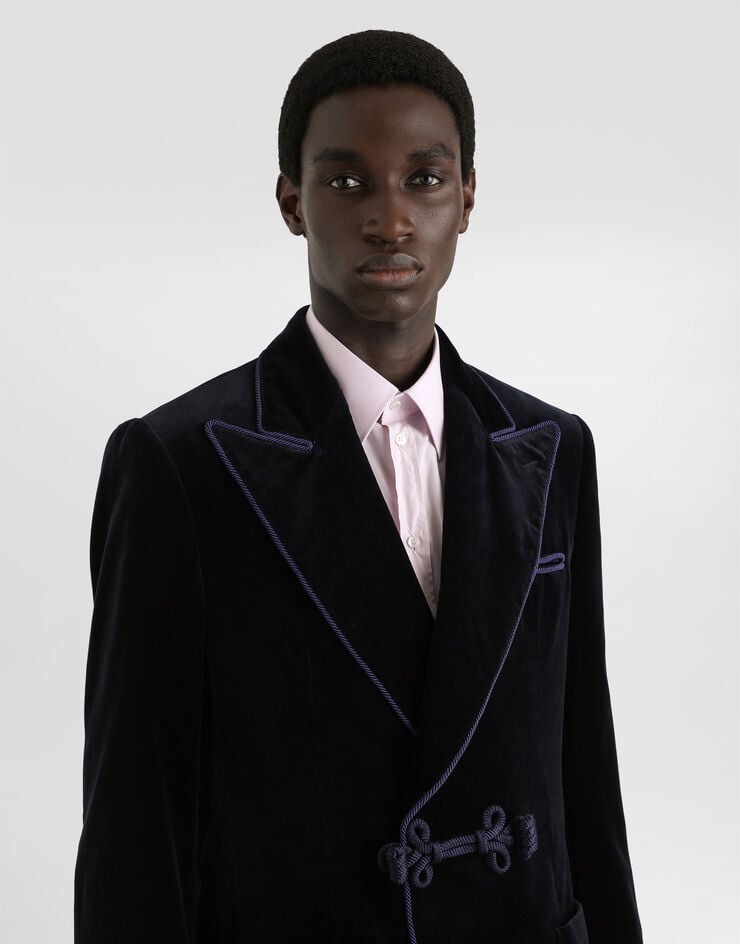 Dolce & Gabbana Double-breasted sicilia-light jacket in smooth velvet Blue G2VQ4TFUVG7