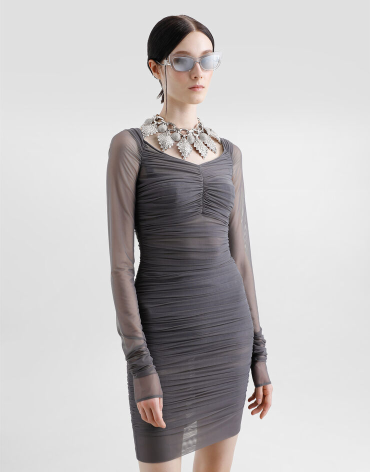 Dolce & Gabbana Short light tulle dress with draping Grey F6ZA2TFLRDA
