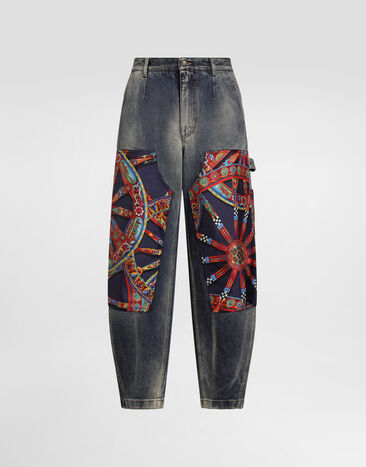 Dolce & Gabbana Cotton denim trousers with carretto-print applications Multicolor GP26UDG8PU4
