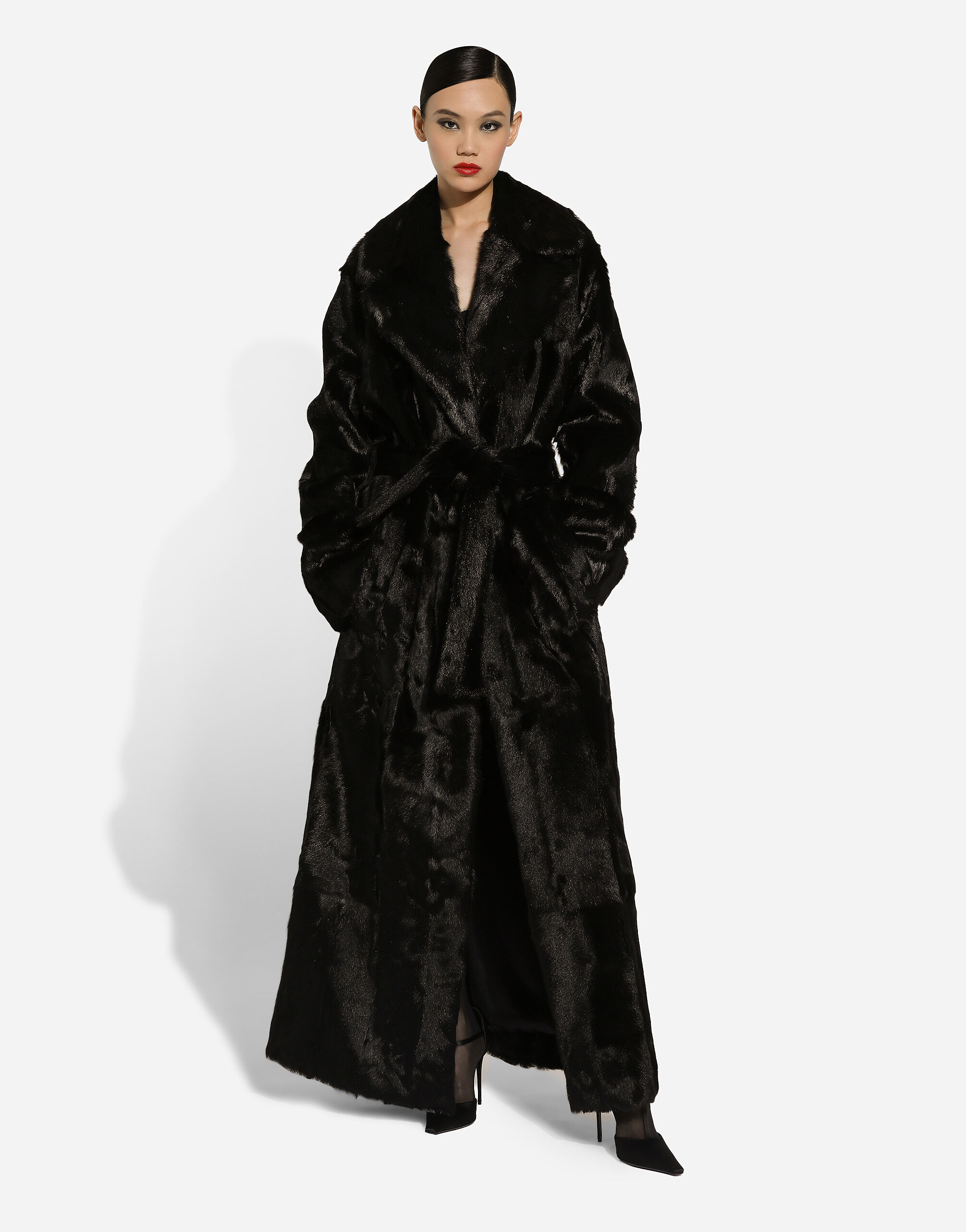 Goatskin coat with belt in Black for Women Dolce Gabbana