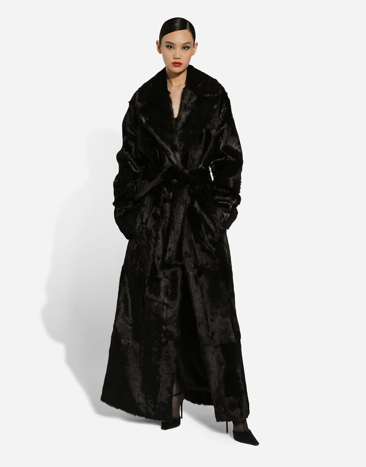 Dolce & Gabbana معطف من جلد الماعز بحزام أسود F0G1HFFUP9E