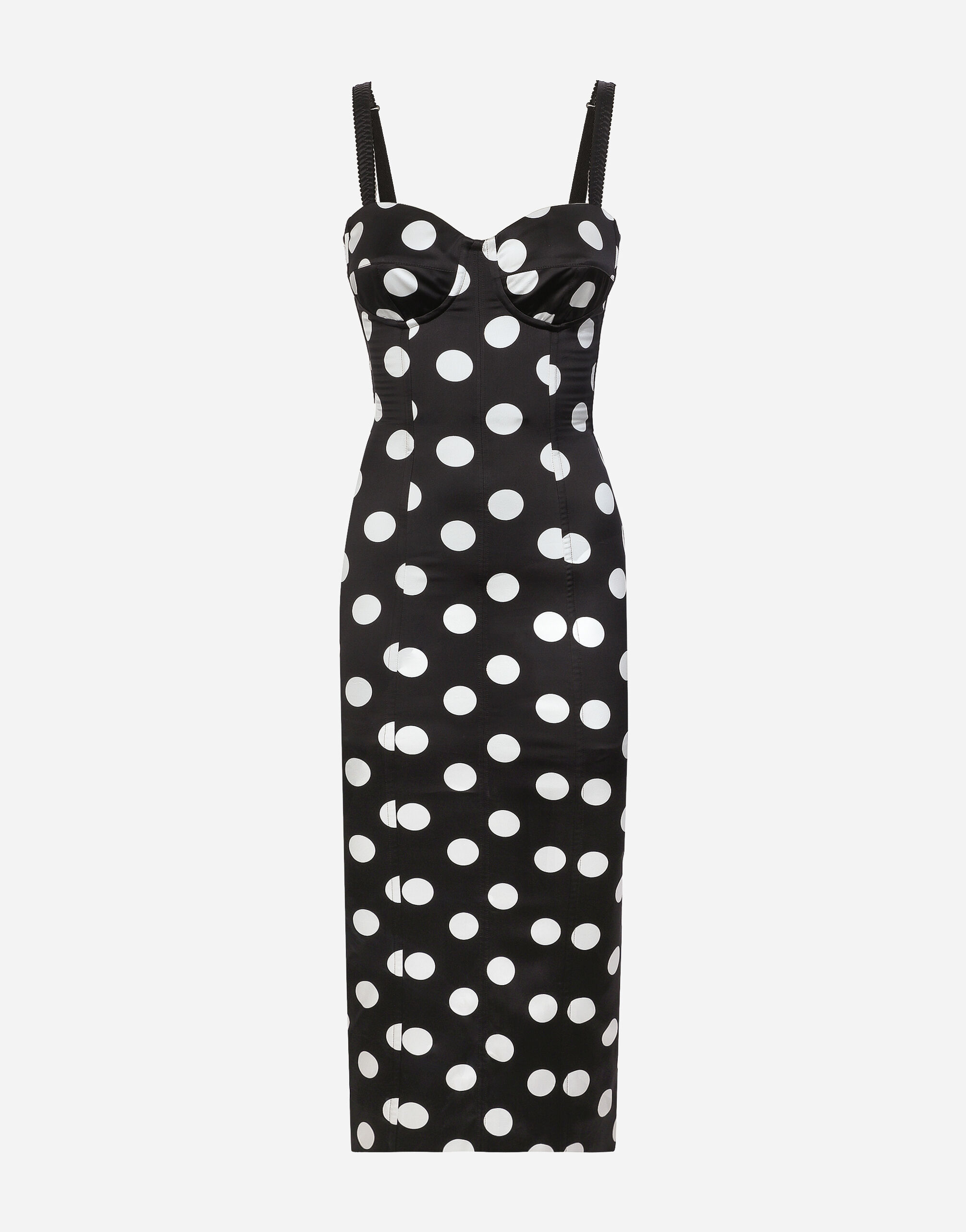 Satin midi dress with polka dot print and corset details in Print