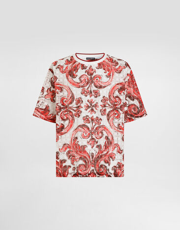 Dolce & Gabbana T-shirt in majolica-print broderie anglaise lace Multicolor G8TW2THH5FF