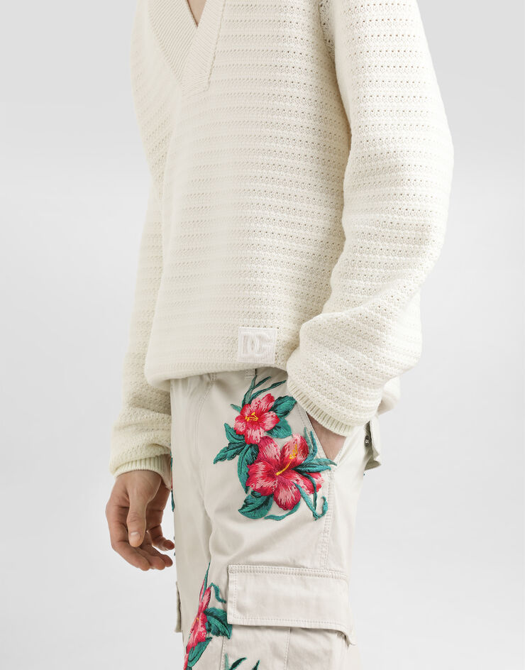 Dolce & Gabbana Wool V-neck sweater with DG embroidery White GXY34ZJCVWT
