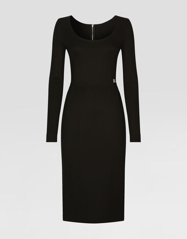 Dolce & Gabbana Milano rib calf-length dress with DG logo Black F6ARMTFUGPN