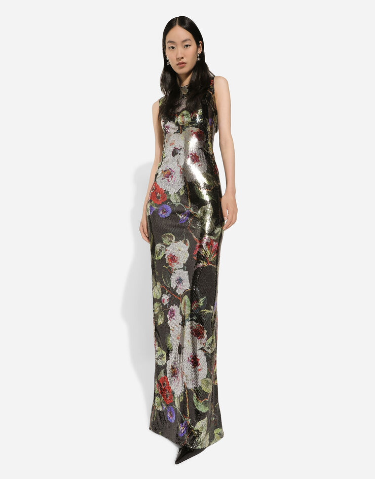 Dolce & Gabbana Long sequined dress with rose garden print Print F6HAHTFSSKK