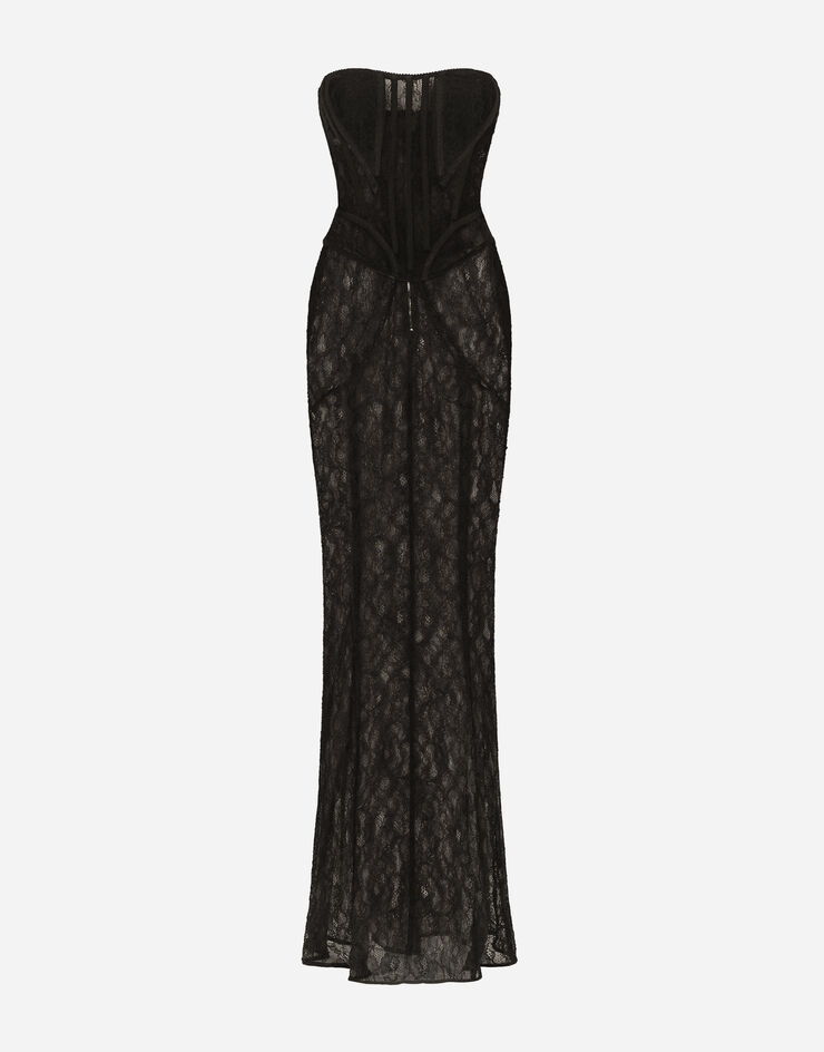 Dolce & Gabbana Langes Bustierkleid aus Spitze Schwarz F6CLTTFLUBM
