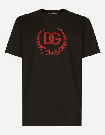 Dolce&Gabbana T-Shirt aus Baumwolle mit Logostickerei DG Milano Schwarz G8PE3ZG7J5Y