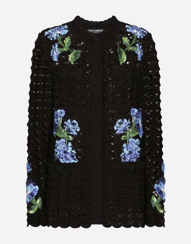 Dolce & Gabbana Cardigan in crochet con ricamo fiore campanule Nero FXV15ZJFMBC