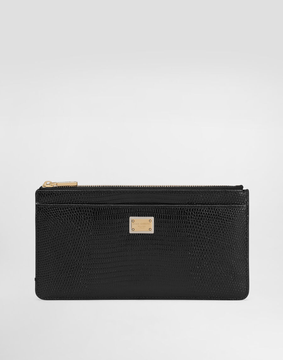 Iguana-print leather card holder with plate