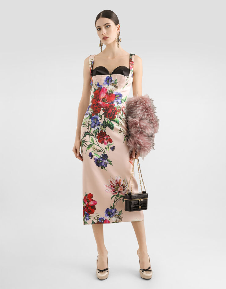 Dolce & Gabbana Abito longuette a tubino in raso stampa Fiori Stampa F6TTYTFSIB5