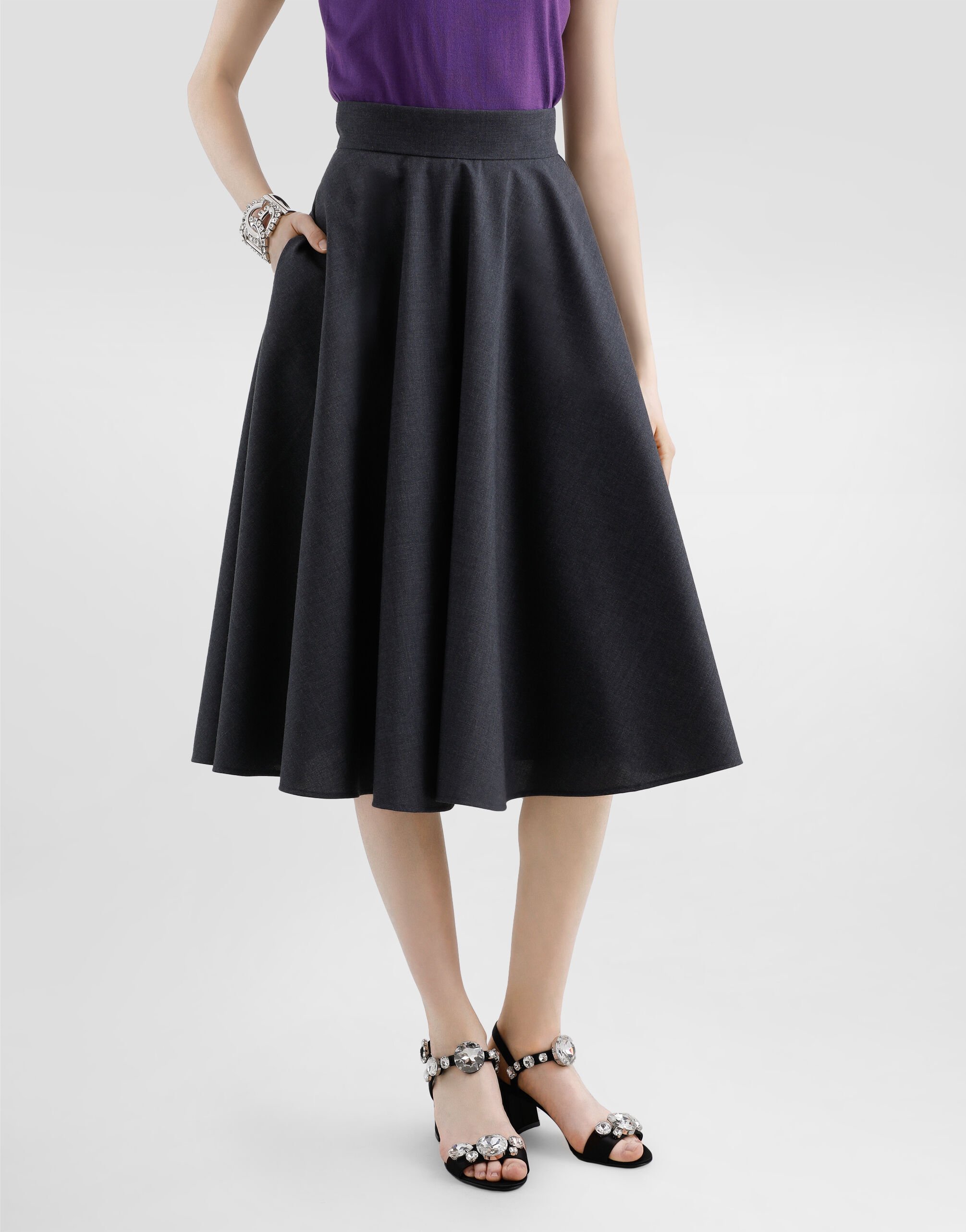 Jupe patineuse mi longue en toile de laine en Gris pour femme Dolce Gabbana