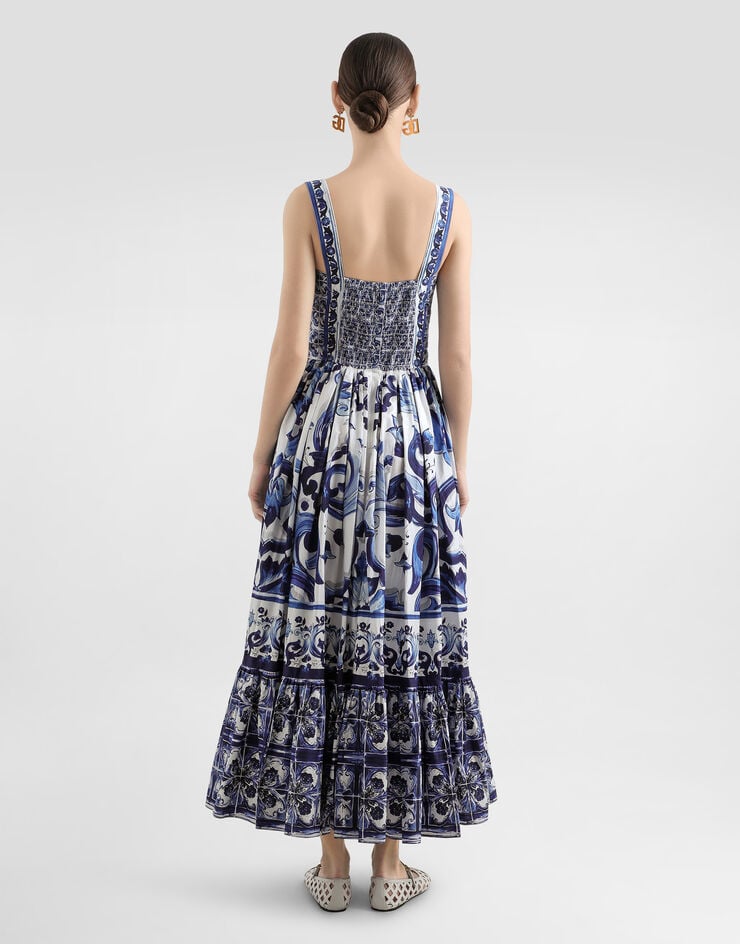 Dolce & Gabbana Calf-length bustier dress in majolica-print poplin Multicolor F6AEITHH5A1