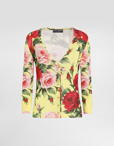 Dolce & Gabbana Silk knit cardigan with bouquet print Black FXV87TJAIRM