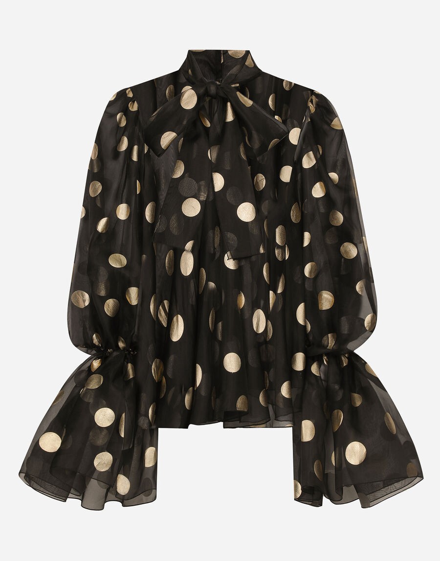 Silk organza jacquard blouse with polka-dot design and pussy-bow