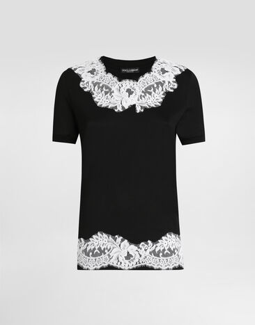 Dolce & Gabbana Jersey t-shirt with lace and DG patch Black F8V66ZGDDBR