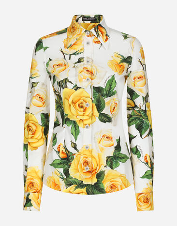 Dolce & Gabbana Long-sleeved cotton shirt with yellow rose print Print F0E1KFFJSCU