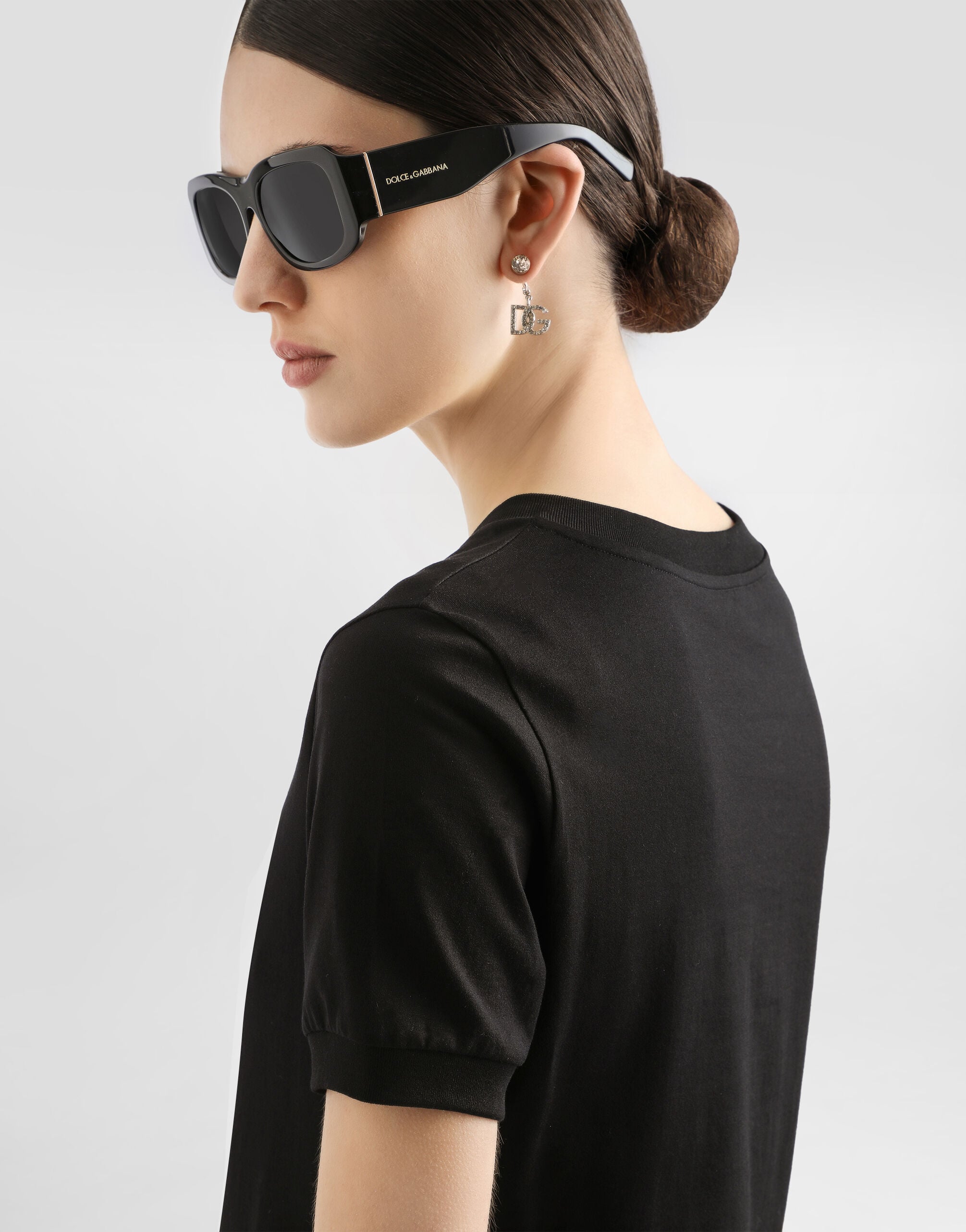 Cotton T-shirt with Crystal DG logo in Black for Women